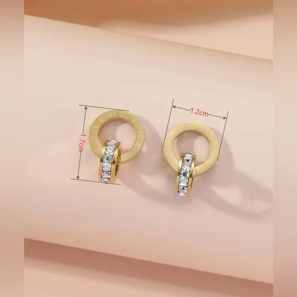 💠 316 Surgical Steel ROSE GOLD Roman Numeral/Rhinestone Hoop Earrings NWT - Picture 3 of 3